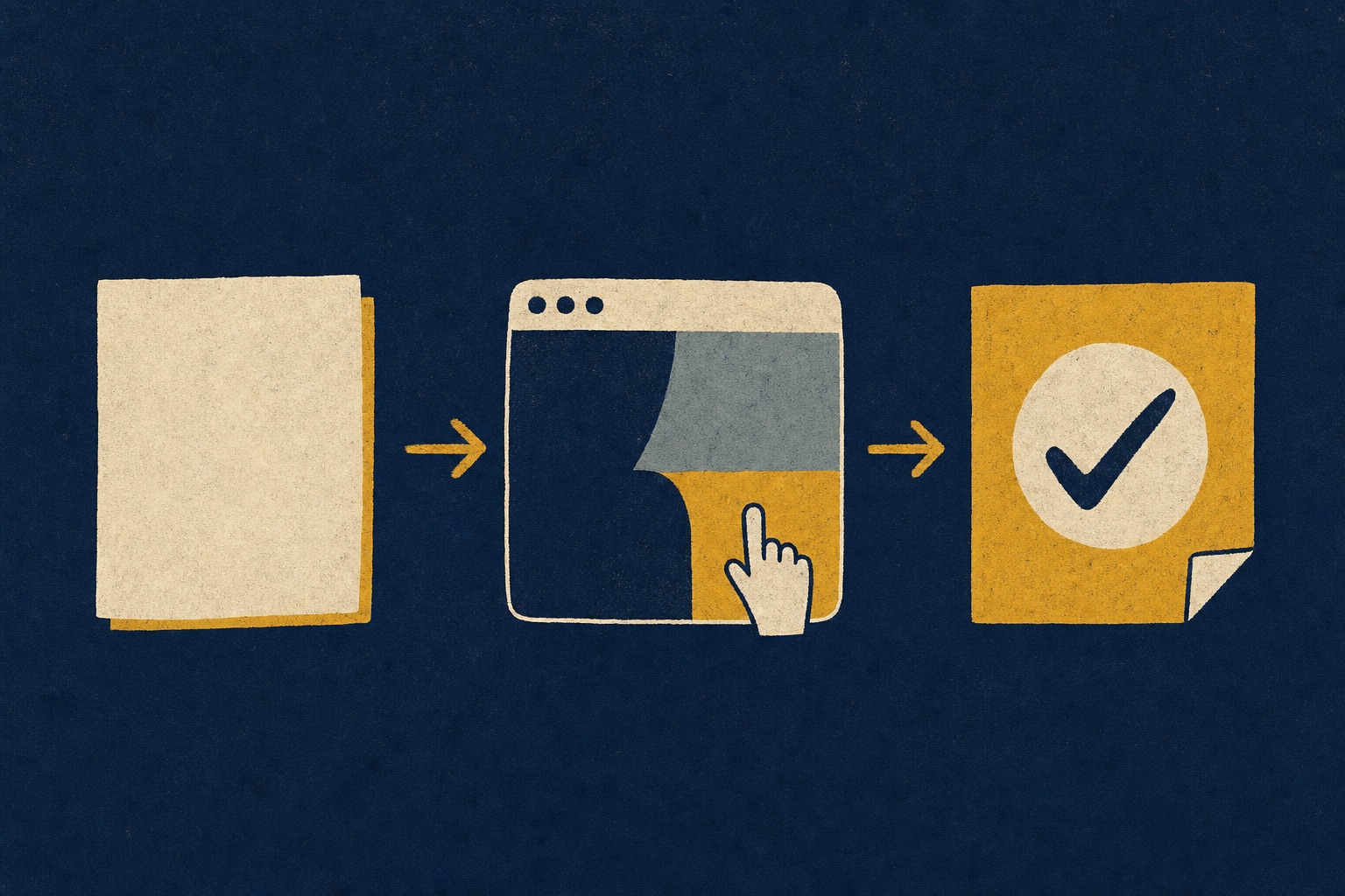Three stages: a plain-language scenario note becomes AI browser actions, then a verification report