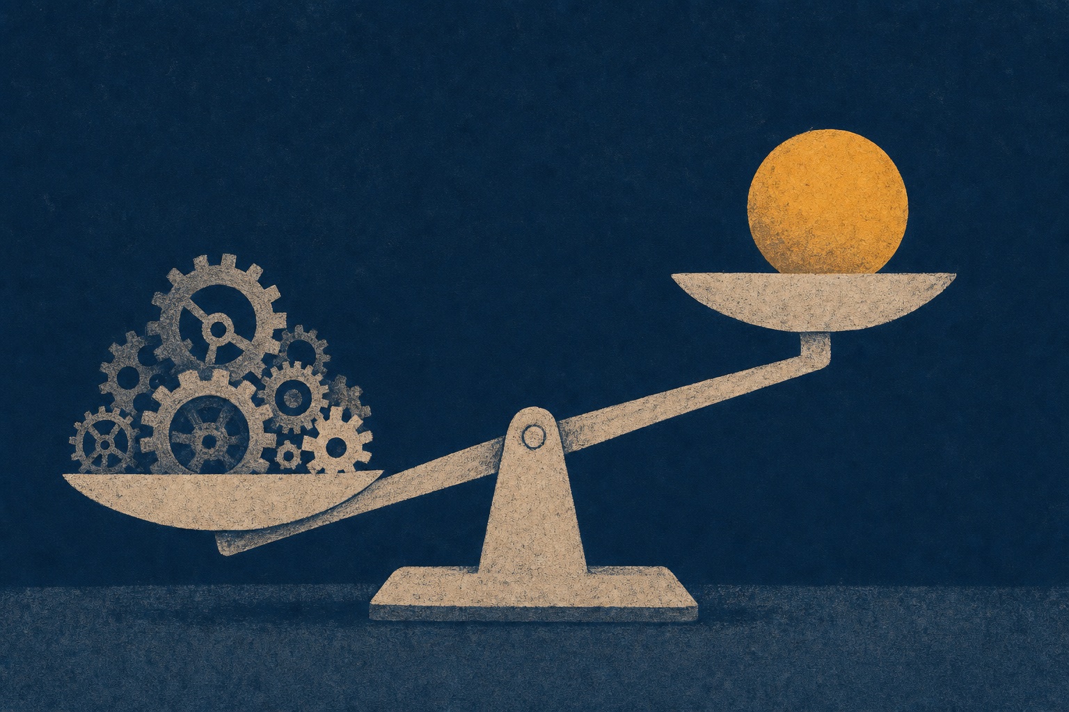A balance scale comparing a pile of gears for manual repetition against a single sphere for an AI agent